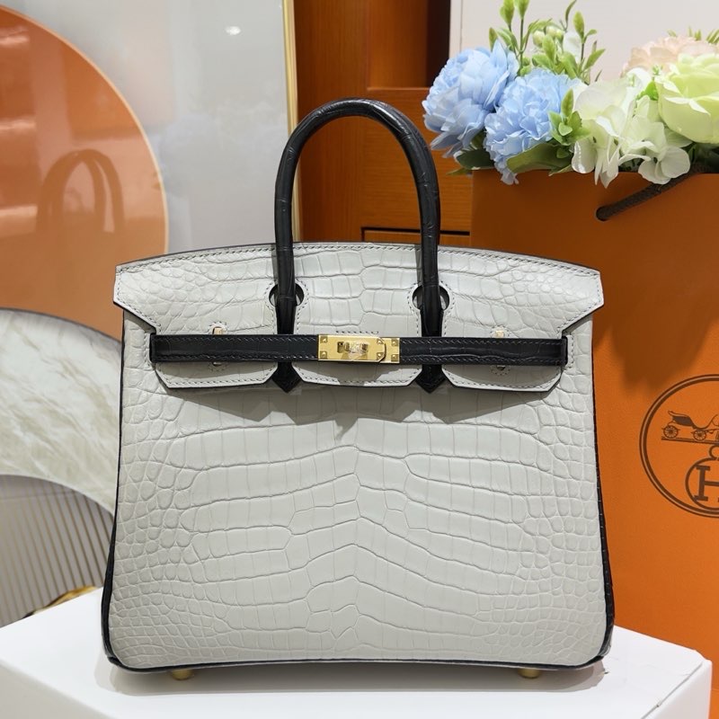 Birkin 25 Bicolor Pearl grey match Noir Alligator GHW